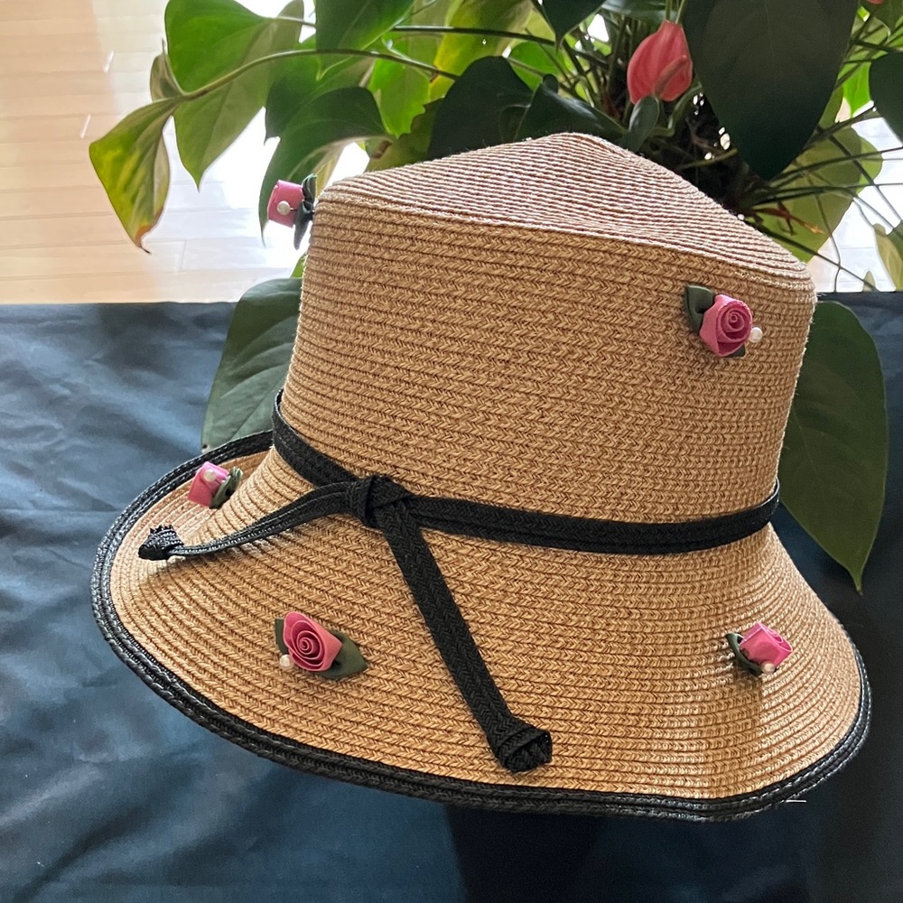 Straw Bucket Hat with Pink Rose Accents - Picture 2 of 4